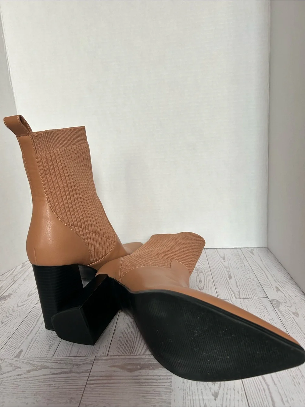 Women's Tan Knit-Shaft Pointed Ankle Booties